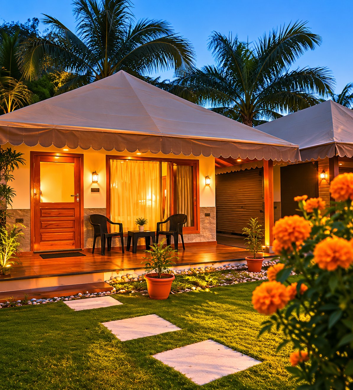 A warmly lit cottage and its garden at dusk